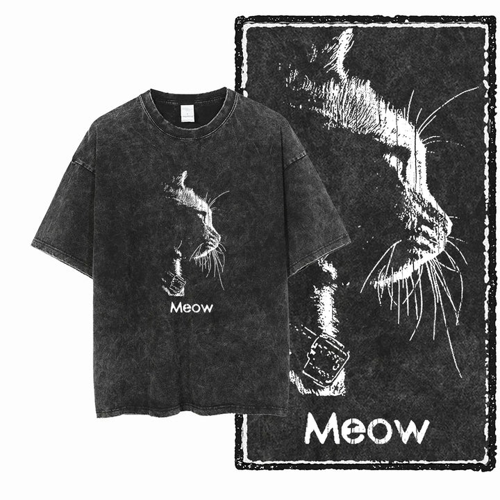 Cat Print Acid Washed Cotton Graphic T-Shirt