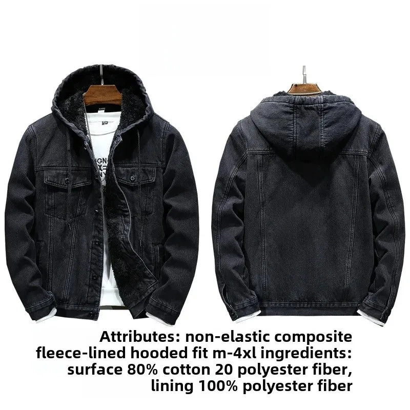 Warm Fleece-Lined Hooded Denim Winter Coat