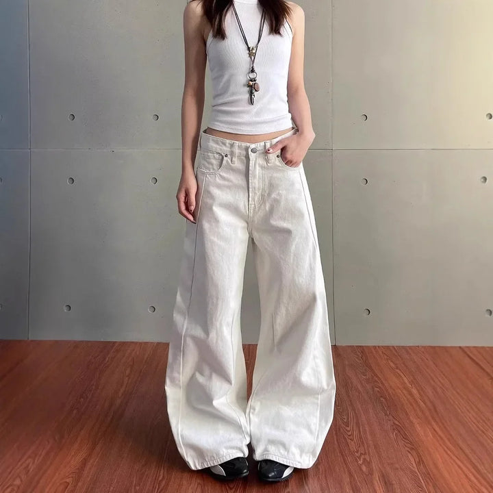 Retro Washed White High-Waist Knife Edge Design Jeans
