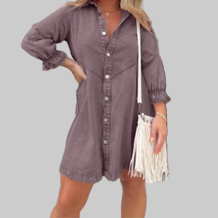 Denim Shirt Dress Collared Lantern Sleeves,