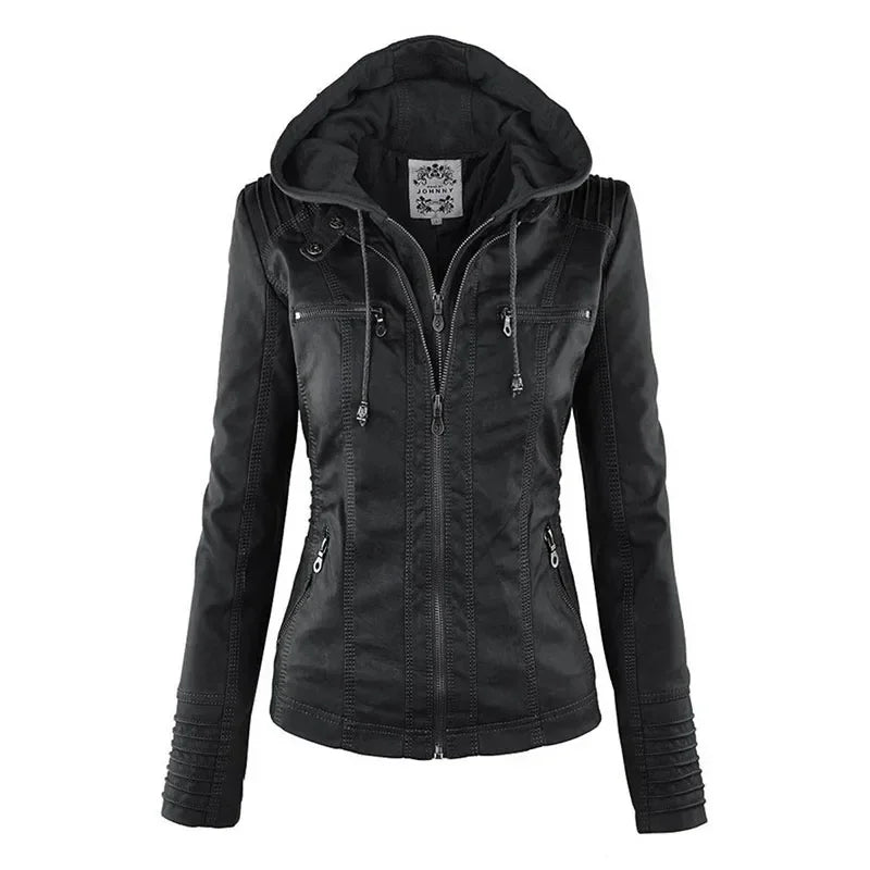 Zipper and Hoodie Faux Leather Motorcycle Jacket