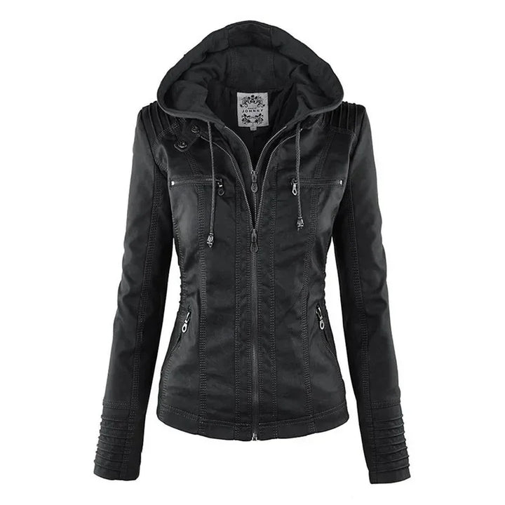 Zipper and Hoodie Faux Leather Motorcycle Jacket