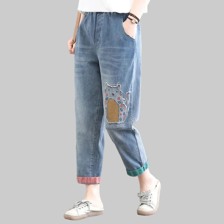 High-Waisted Embroidered Patch Loose Jeans