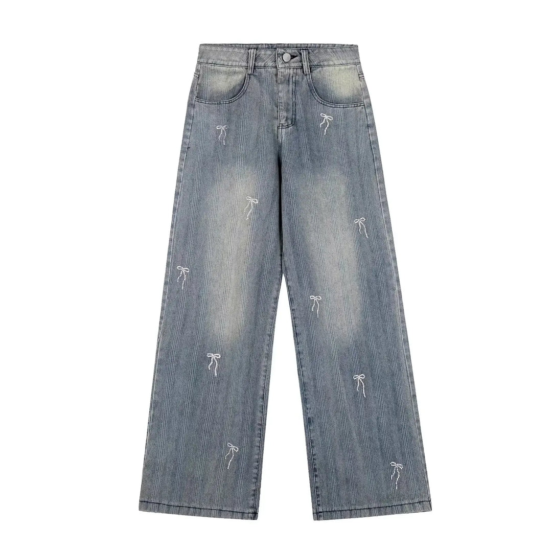 Bow embroidered straight jeans