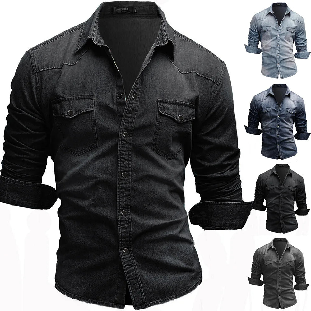 Solid Color Slim Fit Denim Shirt