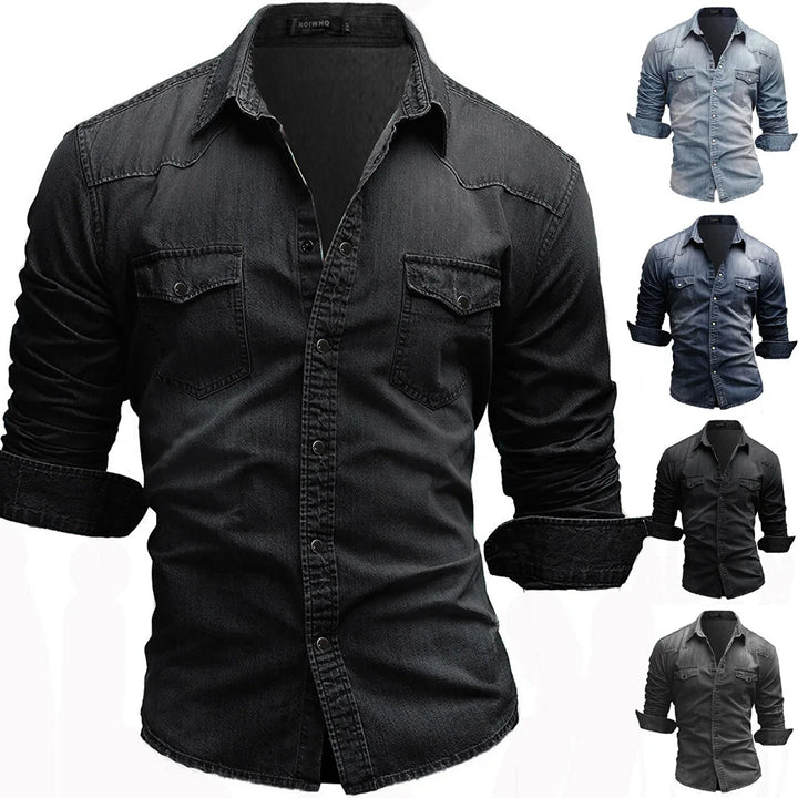 Solid Color Slim Fit Denim Shirt