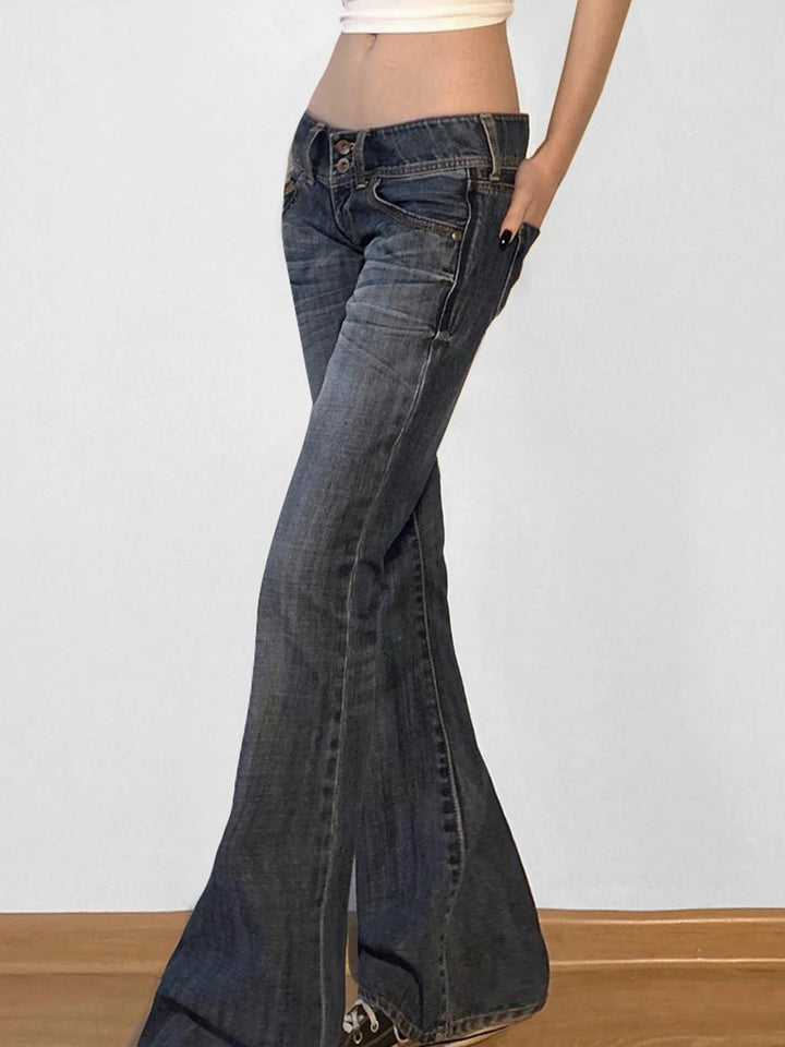 Vintage Y2K Flared Jeans - Retro Button-Up Low Rise