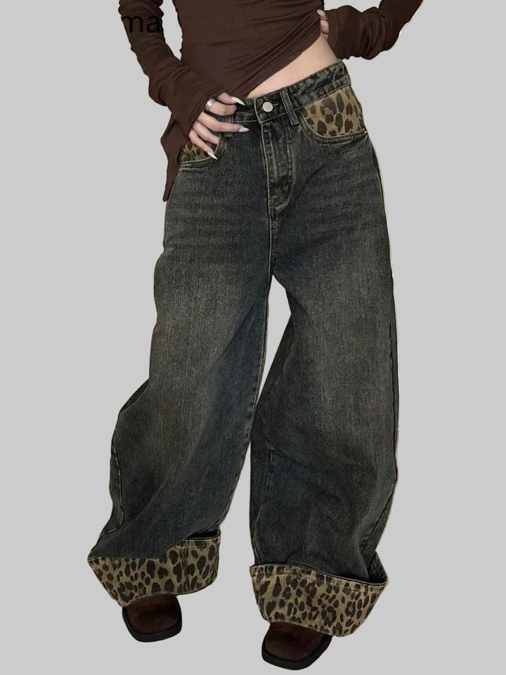 Retro Leopard Print Y2K Wide Leg Jeans