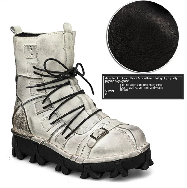 Genuine Leather Goth Skull Punk Mid-calf Boots
