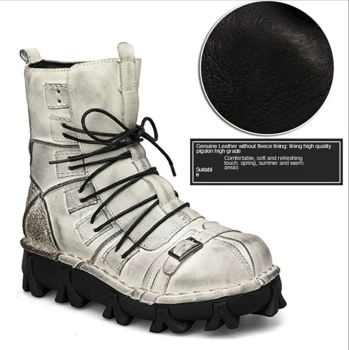 Genuine Leather Goth Skull Punk Mid-calf Boots