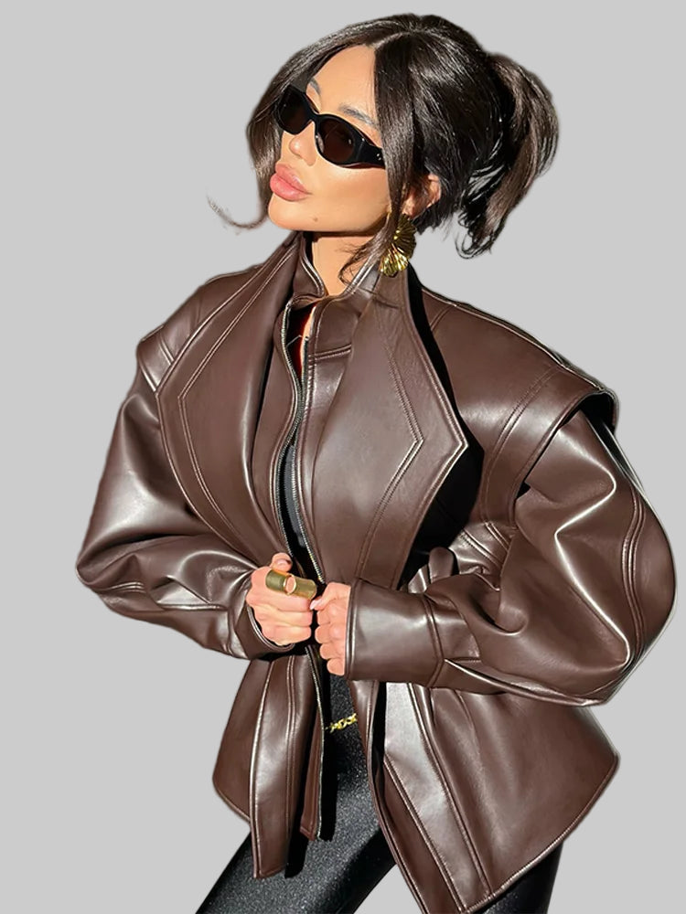 Solid Turn-down Collar Puffy Sleeves Leather Jacket
