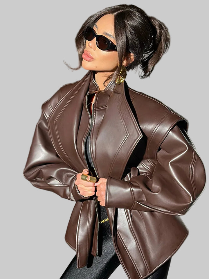 Solid Turn-down Collar Puffy Sleeves Leather Jacket