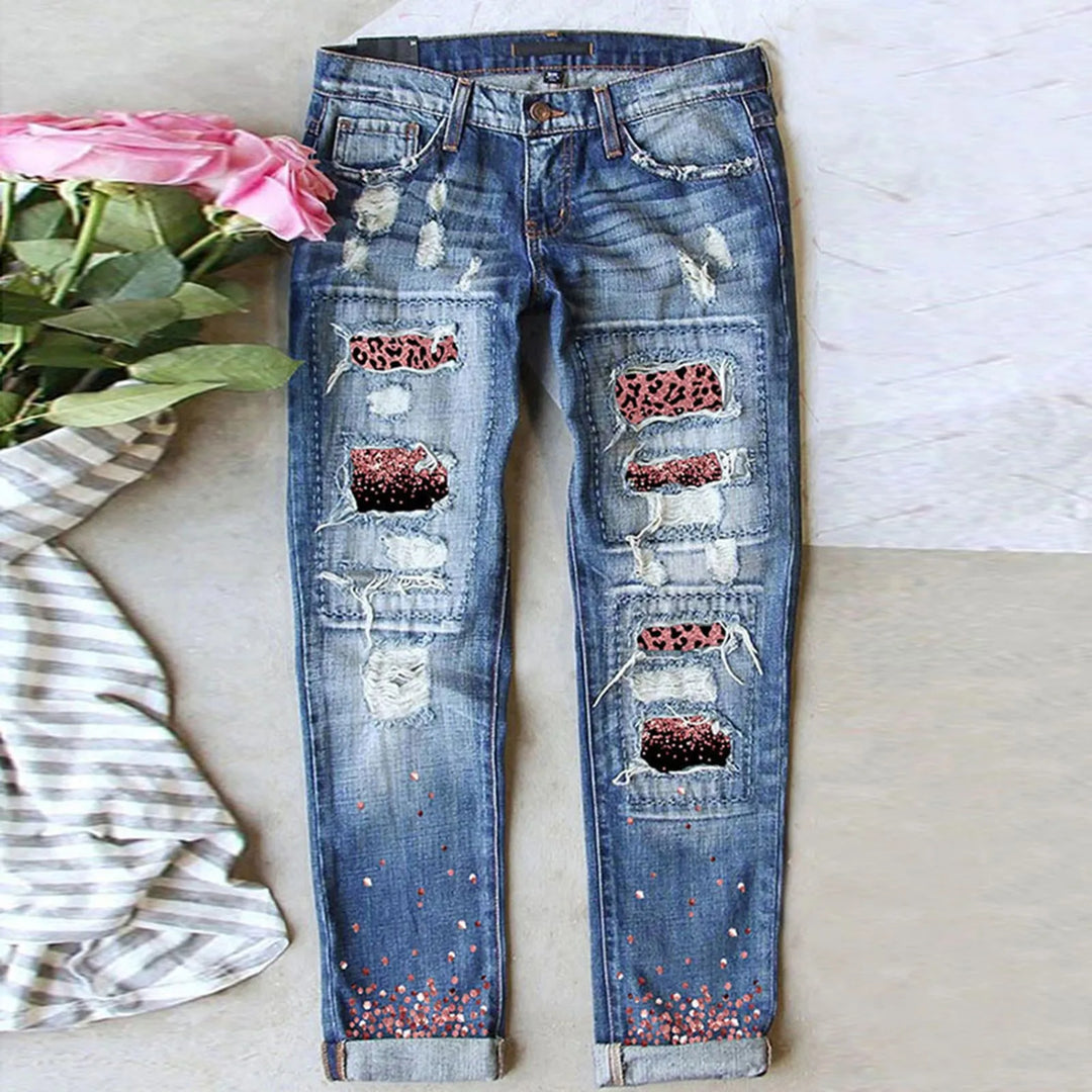 High-Waisted Blue Floral Print Stretch Jeans with Ripped Details