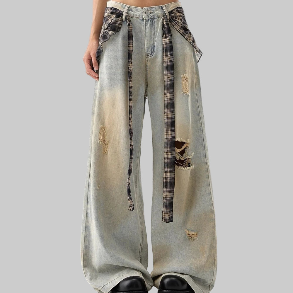 High-Waisted American Retro Loose Fit Ripped Jeans