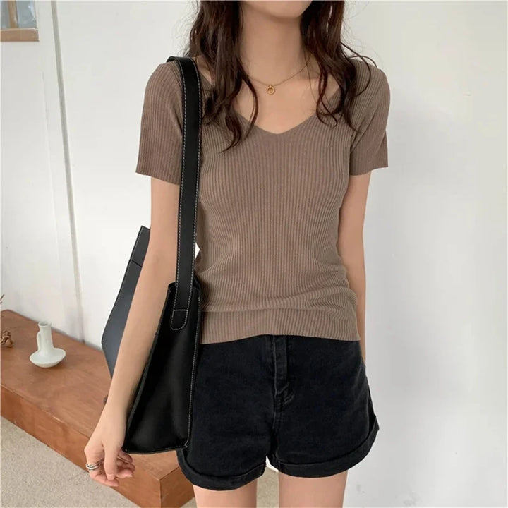 V-Neck Ribbed Knit Summer Sweater