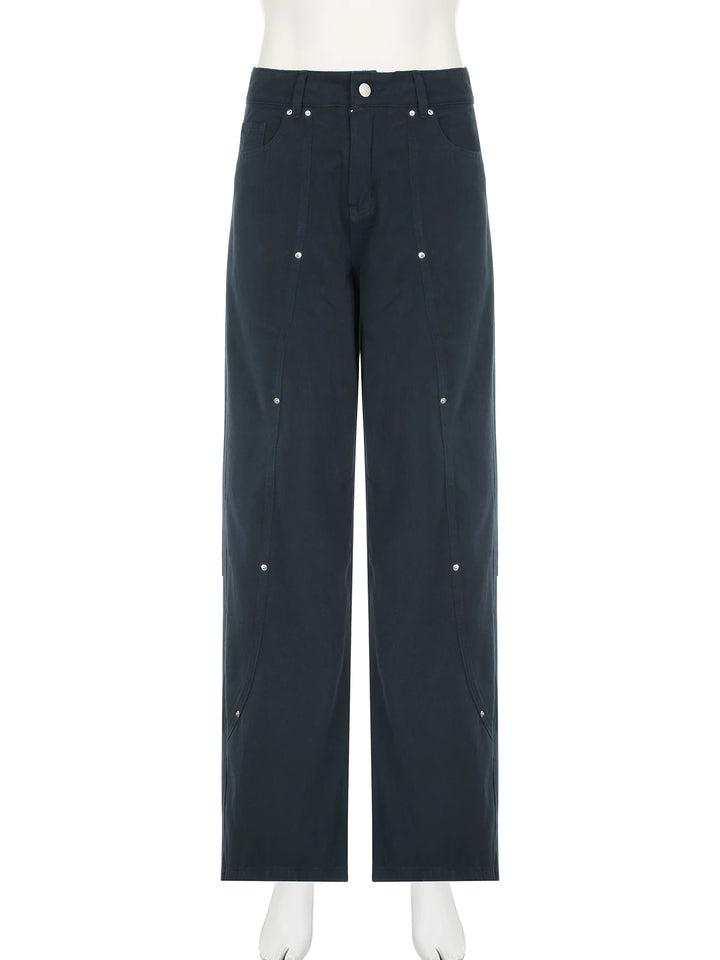 Casual Loose-Fit Rivet Wide Leg Cargo Pants