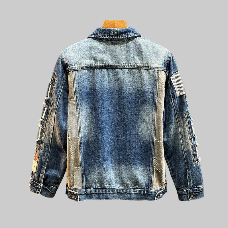 Retro Blue Patched Denim Jacket for Men