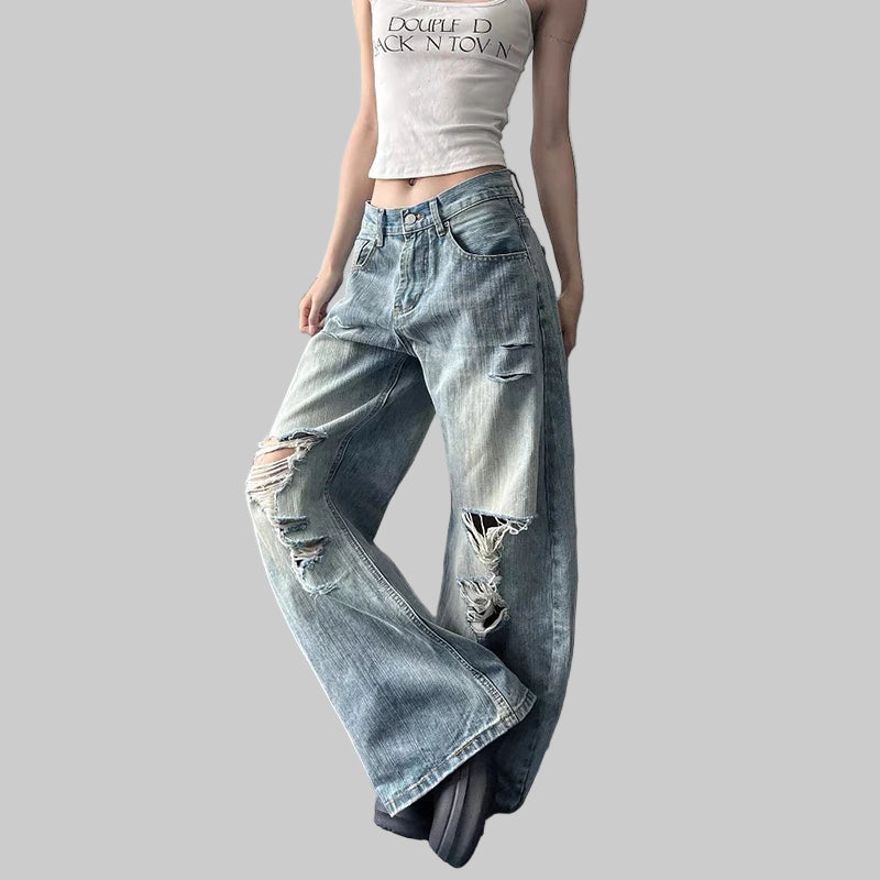High-Waisted Ripped Jeans - American Y2K Baggy