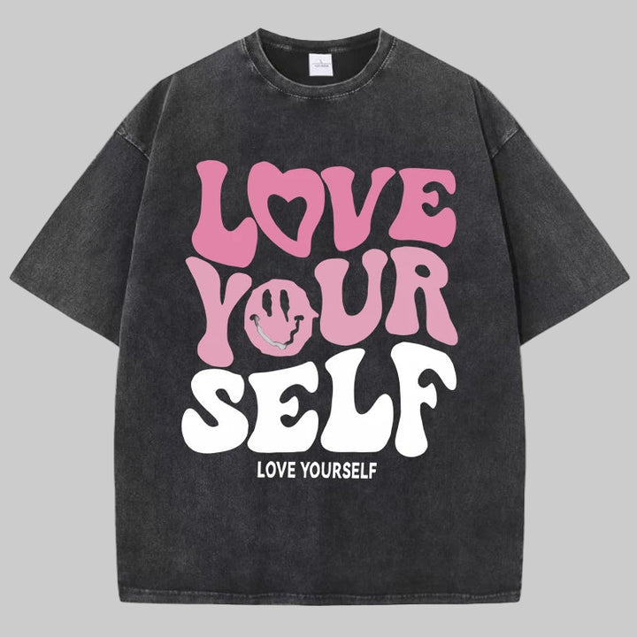 Washed "Love Your Self" Letter Print T-Shirt