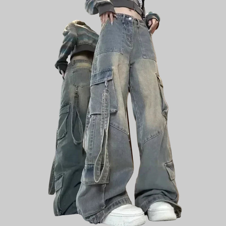 Distressed Washed Cargo Jeans with Spliced Pockets