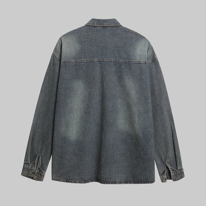 Spliced Retro Distressed Long Sleeve Denim Shirt