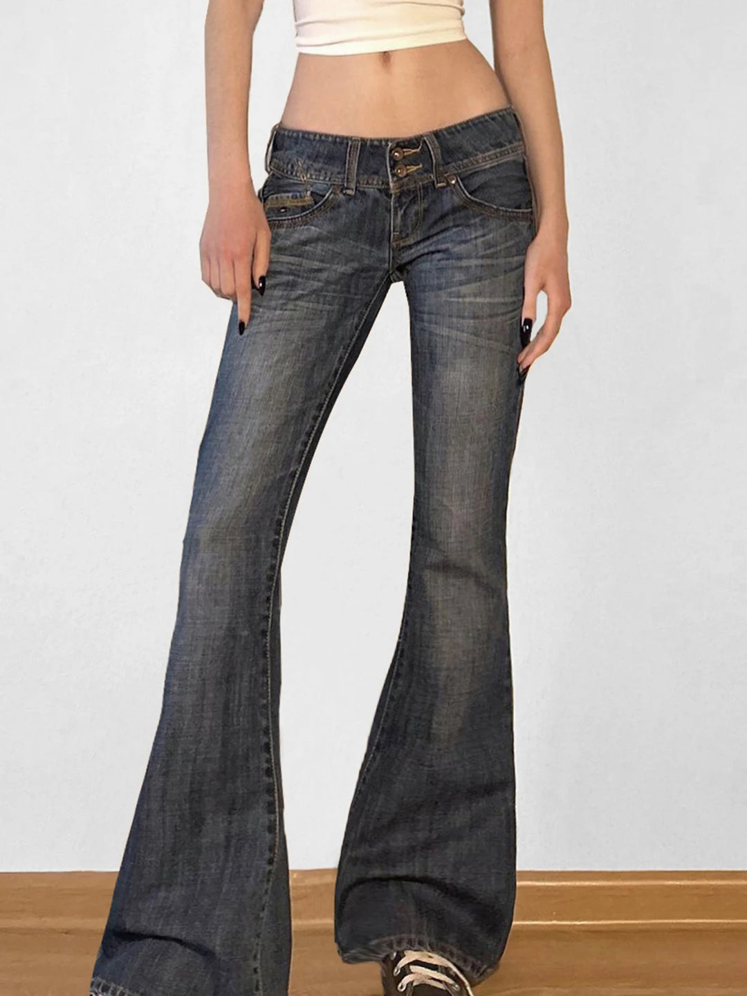 Vintage Y2K Flared Jeans - Retro Button-Up Low Rise