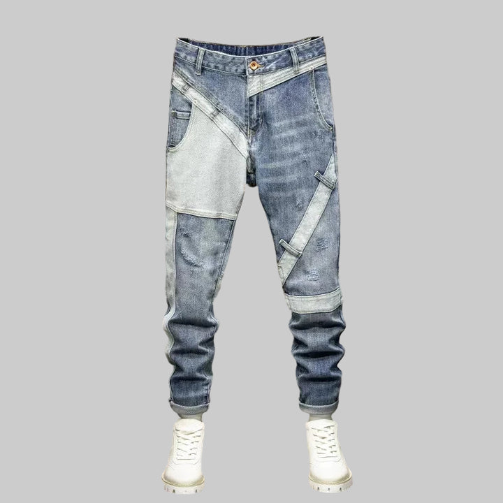 Men Retro Ripped Spliced Designer Denim Jeans
