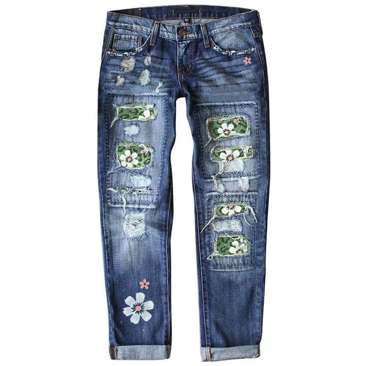 High-Waisted Blue Floral Print Stretch Jeans with Ripped Details