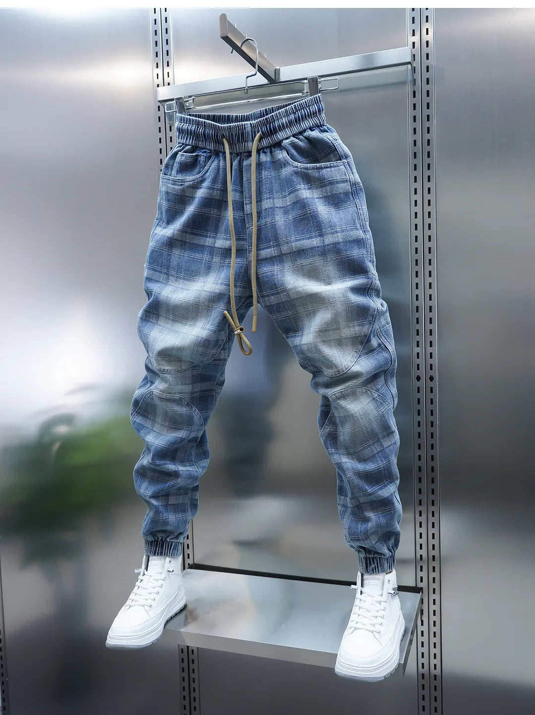 Plaid Patchwork Jogger Denim Pants