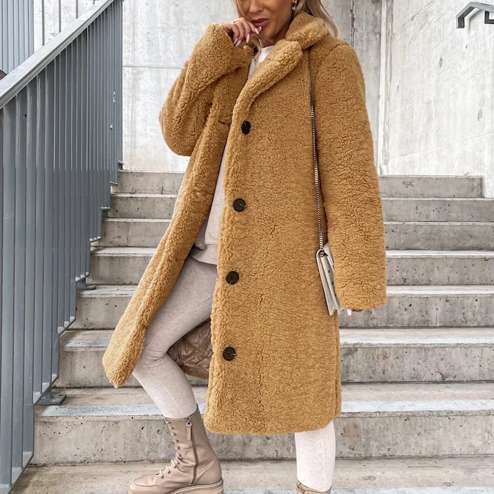 Plush Furry Button-Up Long Coat with Lapel