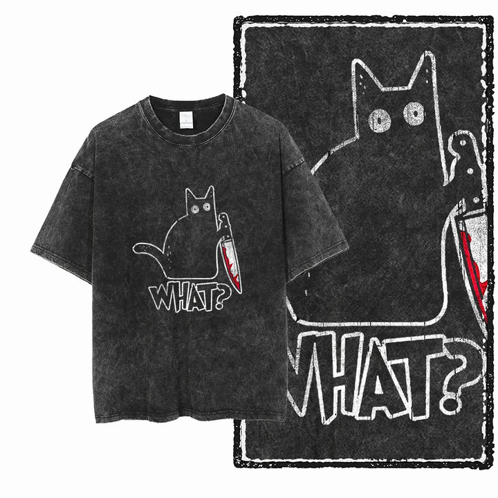 Cat Print Acid Washed Cotton Graphic T-Shirt