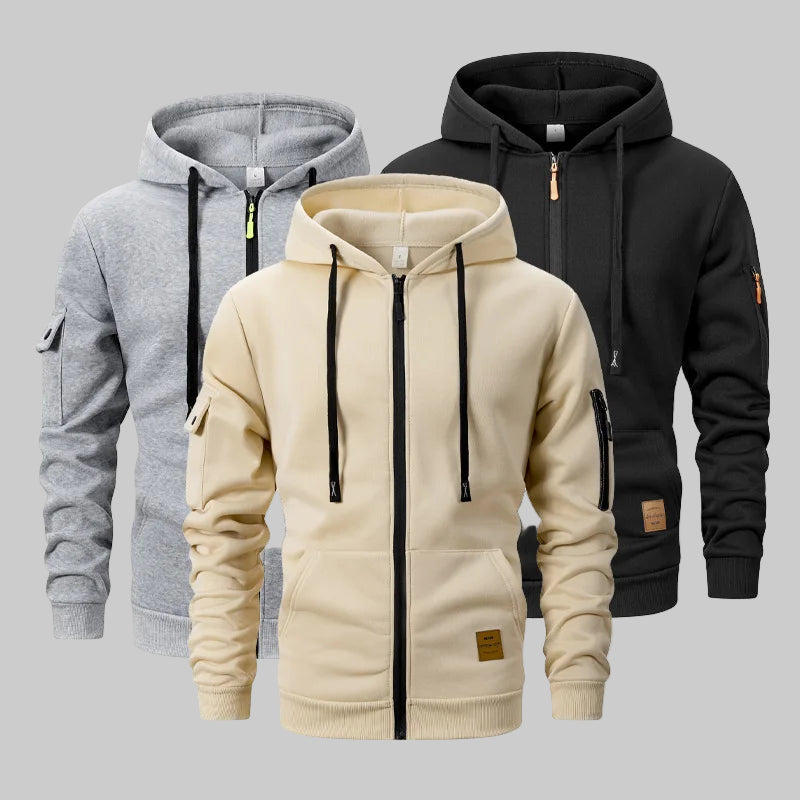 Kangaroo Pocket Solid Color Zipper Hoodie