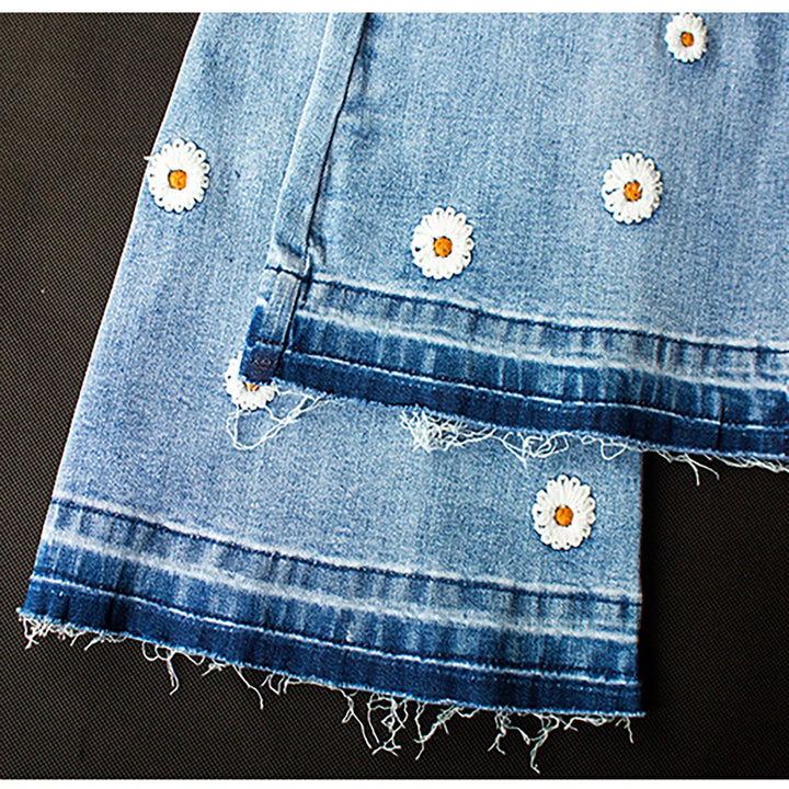 Chic Women's Daisy Embroidered Flared Denim Pants