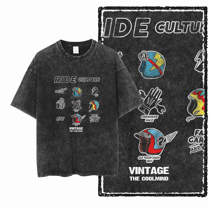 MOTOR CYCLE THEME Printed Cotton Acid Washed Graphic Unisex T Shirt