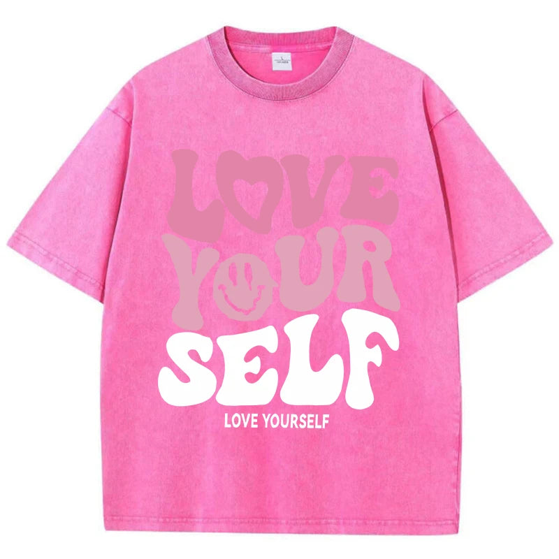 Washed "Love Your Self" Letter Print T-Shirt