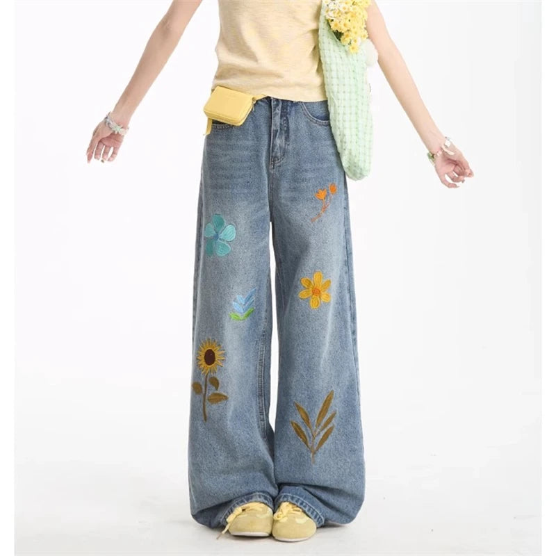 Flower Petal Embroidery Jeans