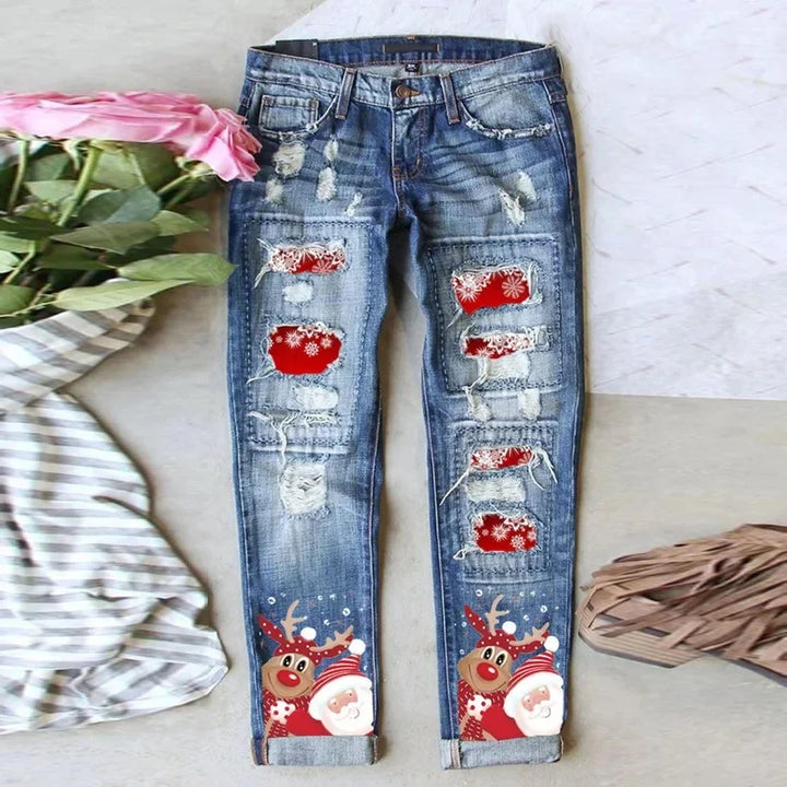 Mid-Waist Jeans with Christmas-Themed Ripped Design