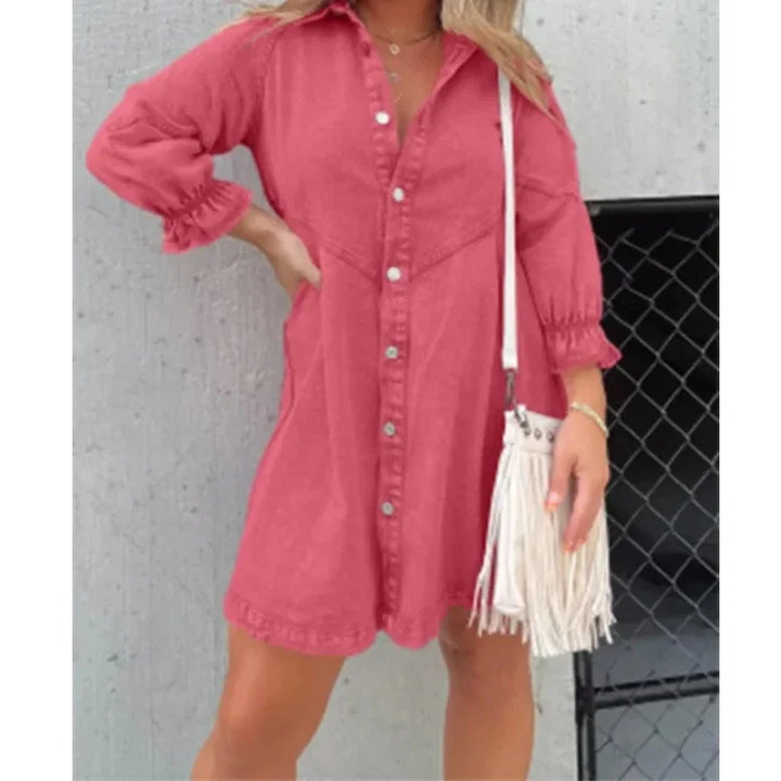 Denim Shirt Dress Collared Lantern Sleeves,