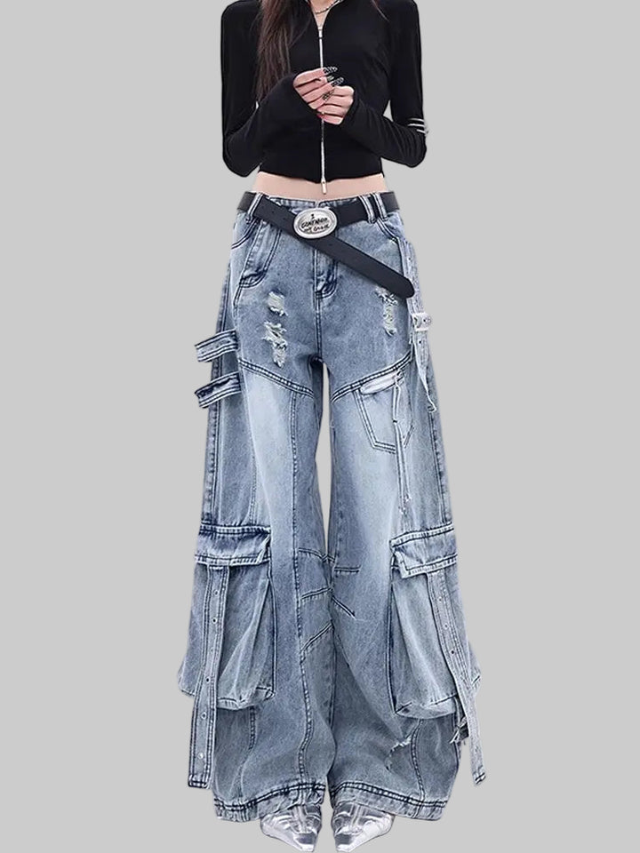 High-Waist Multi-pocket Cargo Jeans