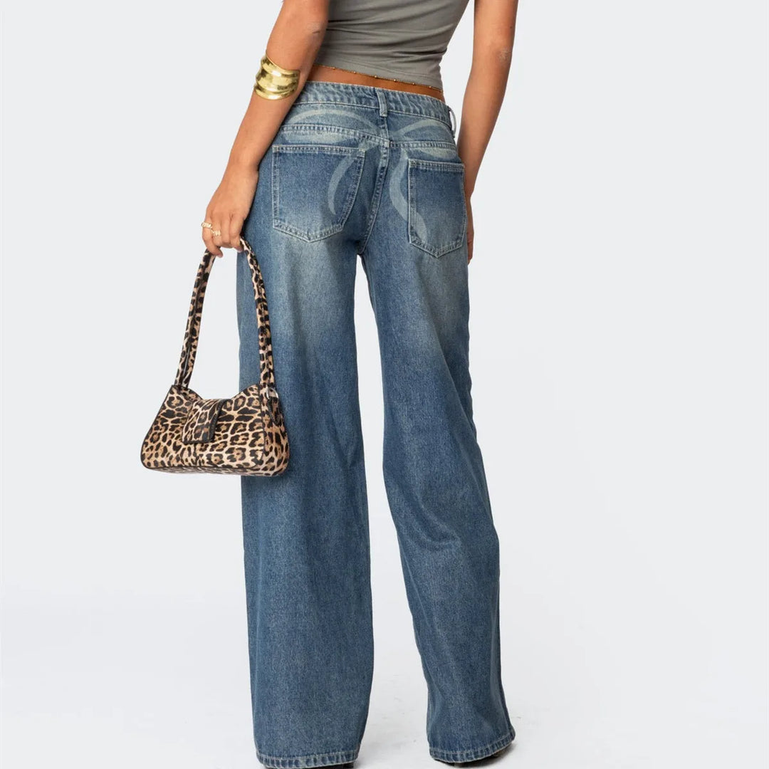 Wide Leg Denim Vintage Bow Print Jeans