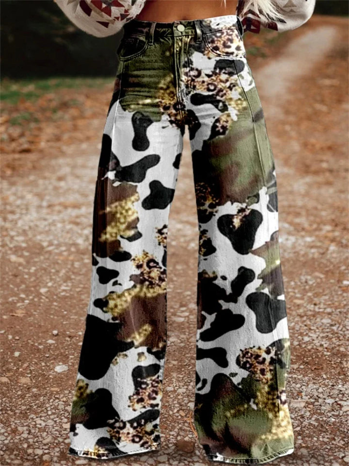 3D Digital Print Color Block Wide Leg Pants