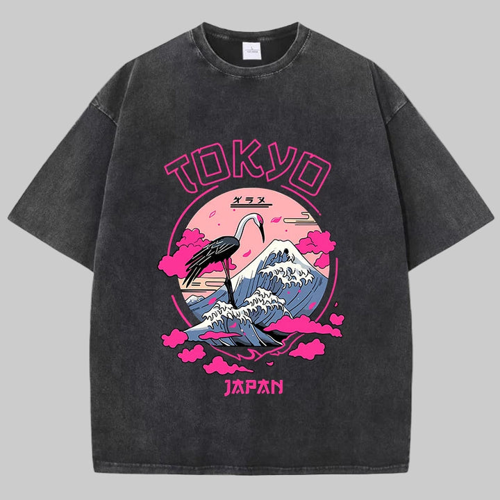 Retro-Inspired Acid Wash T-Shirts Featuring Tokyo Harajuku Prints