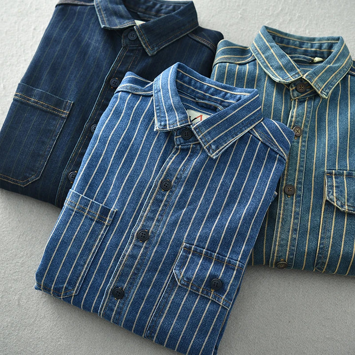 Loose-Fit Washed Striped Denim Shirt