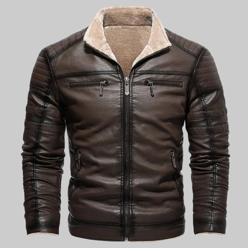 Faux Leather Zippered Fleece Lined Retro Motorcycle Jacket