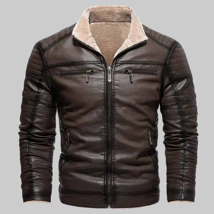 Faux Leather Zippered Fleece Lined Retro Motorcycle Jacket