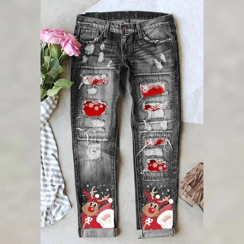 Mid-Waist Jeans with Christmas-Themed Ripped Design