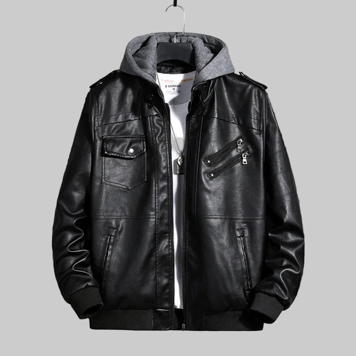 Hooded Leather Motorcycle Winter Coat