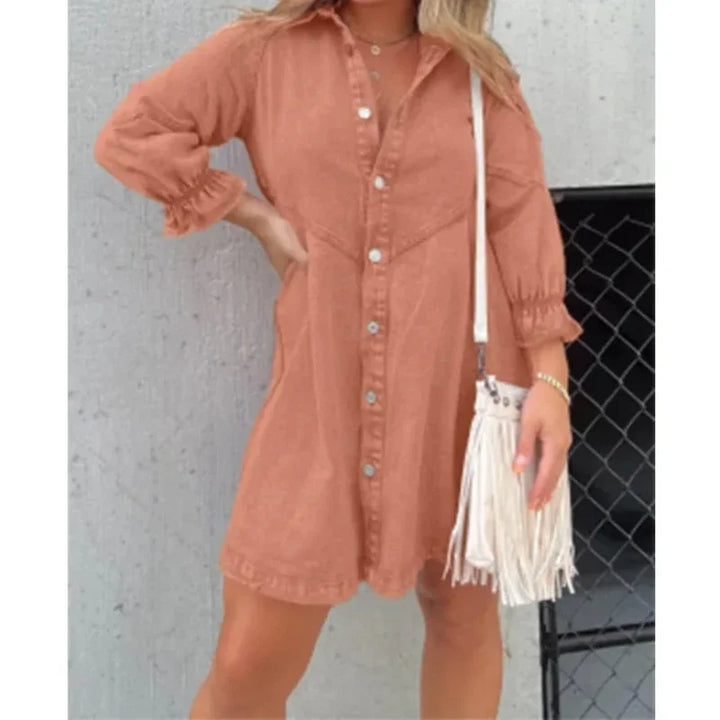 Denim Shirt Dress Collared Lantern Sleeves,
