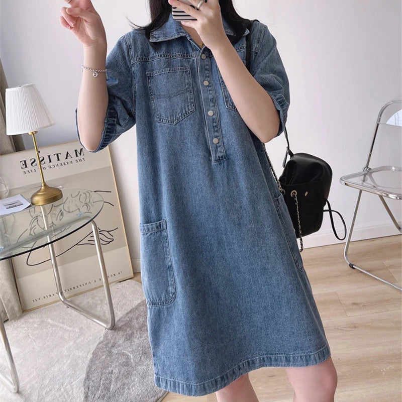 Knee-length Vintage denim dress with polo collar