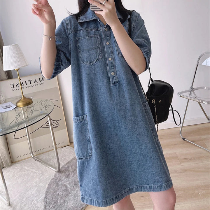 Knee-length Vintage denim dress with polo collar